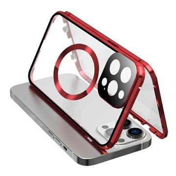 Kompatibel mit MagSafe Case für iPhone 15 Pro Magnetischer Metallrahmen + doppelseitige Telefonabdeckung aus gehärtetem Glas mit Schnallenverschluss - Rot