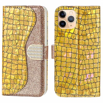 Croco Bling Serie iPhone 13 Pro Wallet Hülle - Gold