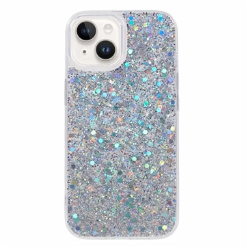 iPhone 15 Plus Glitter Flakes TPU Hülle - Silber