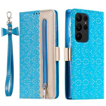 Lace Pattern Samsung Galaxy S23 Ultra 5G Wallet Hülle - Blau