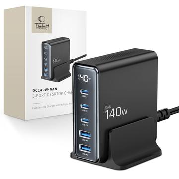 Tech-Protect DC140W GaN 5-Port Desktop-Ladegerät mit 3x PD USB-C, 2x QC 3.0 USB-A - Schwarz