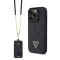 iPhone 15 Pro Guess 4G Strass Triangle Metal Logo Hülle mit Crossbody Riemen - Schwarz