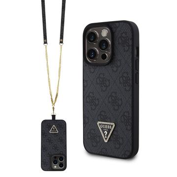 iPhone 15 Pro Guess 4G Strass Triangle Metal Logo Hülle mit Crossbody Riemen - Schwarz