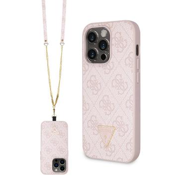 iPhone 15 Pro Guess 4G Strass Triangle Metal Logo Hülle mit Crossbody Riemen - Rosa