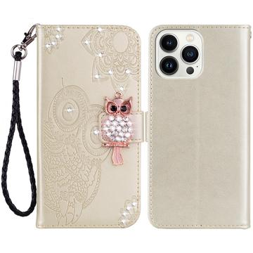 iPhone 15 Pro Eule Strass Wallet Hülle - Gold