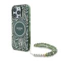 iPhone 16 Pro Guess IML Flowers Allover Electro Hülle mit Perle Riemen - MagSafe kompatibel