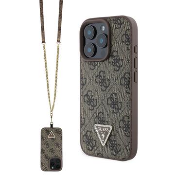 iPhone 16 Pro Max Guess 4G Strass Triangle Metal Logo Hülle mit Crossbody Riemen - Braun